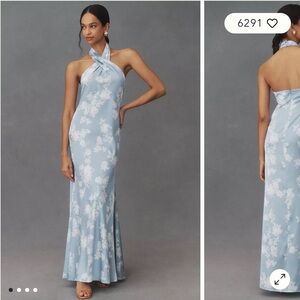 Anthropology - BHLDN Blue Floral Halter Satin Dress